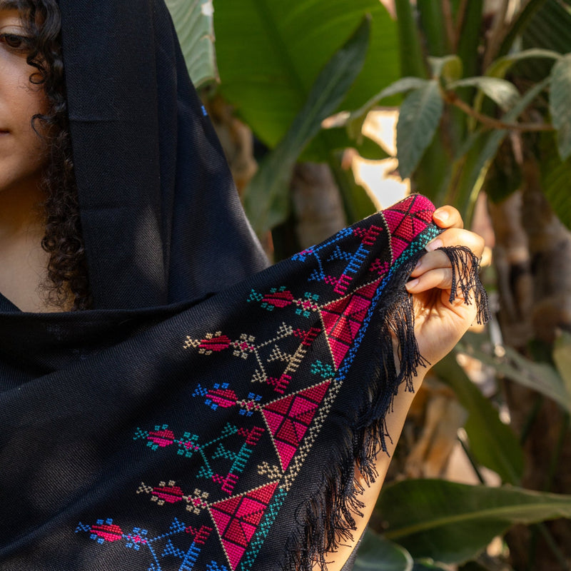 Traditional Palestinian Tatreez on Black Rectangle Shawl | Hand Embroidered in Palestine