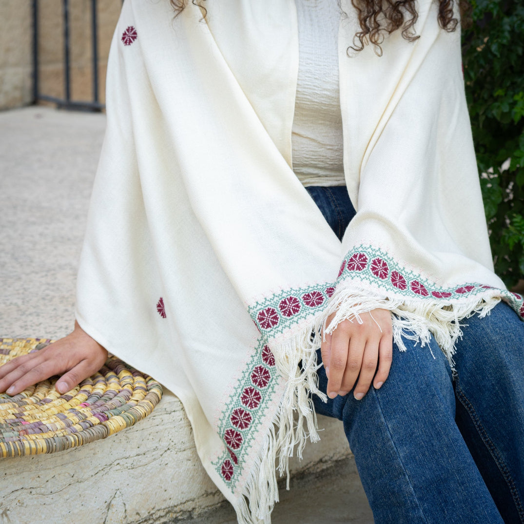 Shawl with Palestinian Tatreez | Hand Embroidered in Palestine with Flowers