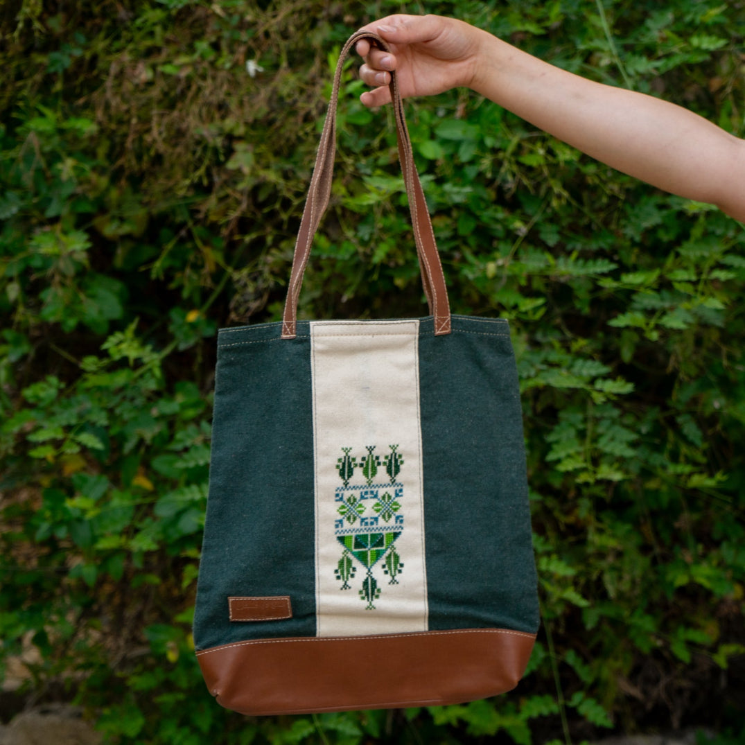 Tote with Leather Handles | Handmade Palestine Tatreez