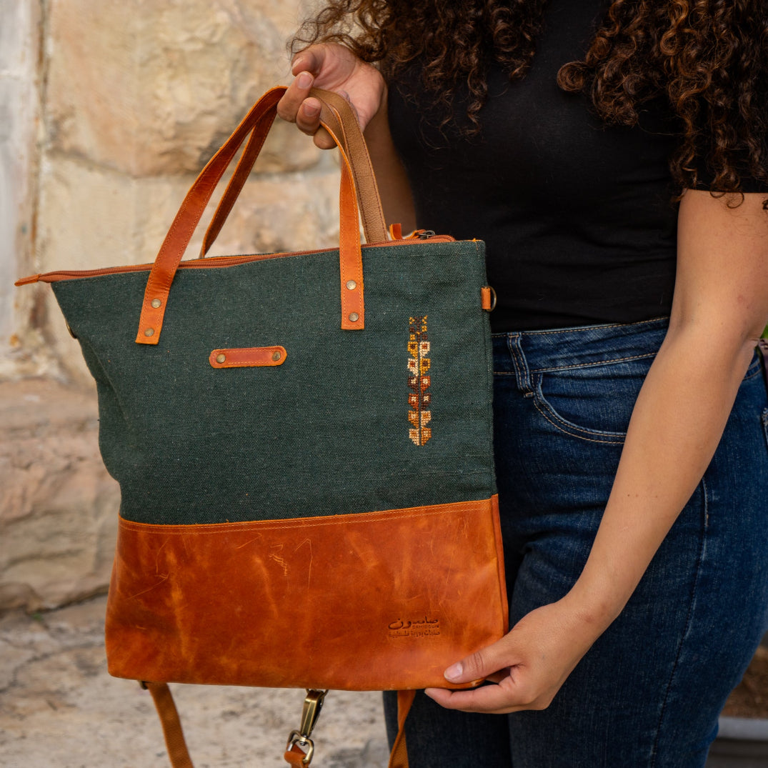 Handcrafted Leather Bag with Palestinian Tatreez | Convertible Backpack Tote