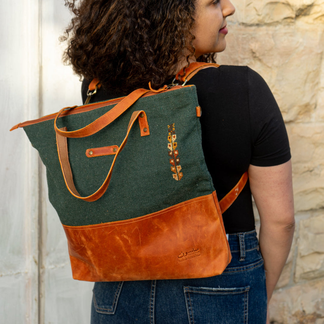 Handcrafted Leather Bag with Palestinian Tatreez | Convertible Backpack Tote