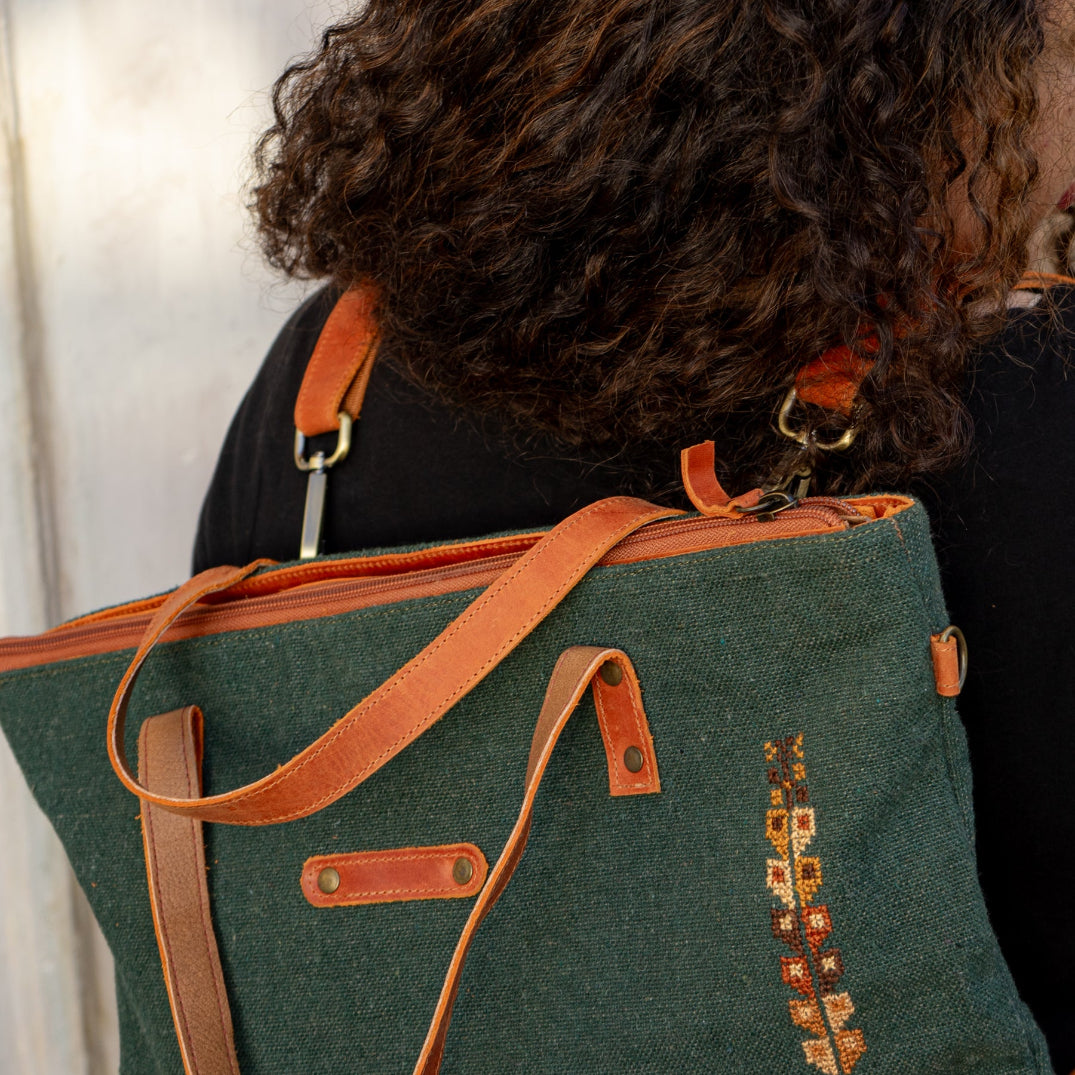Handcrafted Leather Bag with Palestinian Tatreez | Convertible Backpack Tote