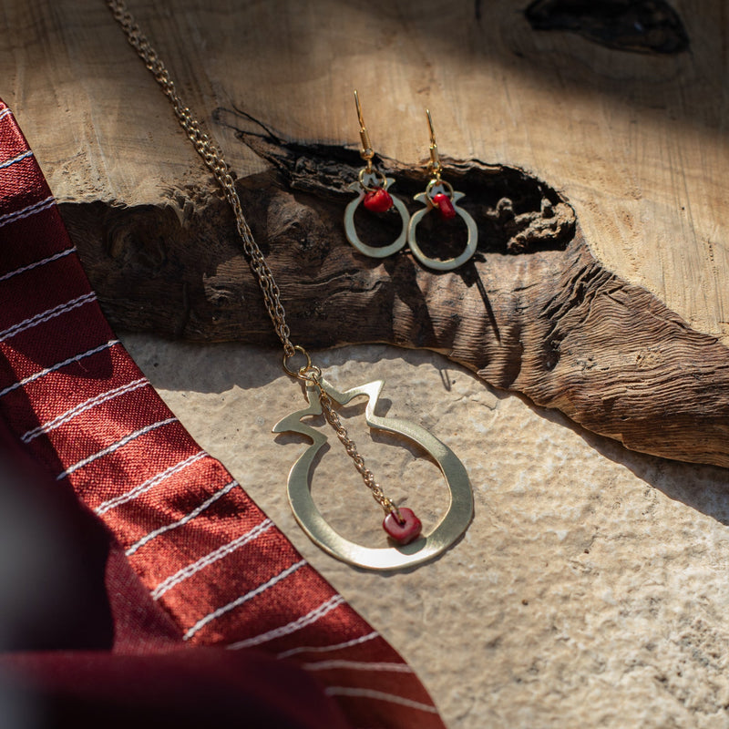 Brass Pomegranate Necklace with Earrings Set | Handmade Jewelry from Palestine
