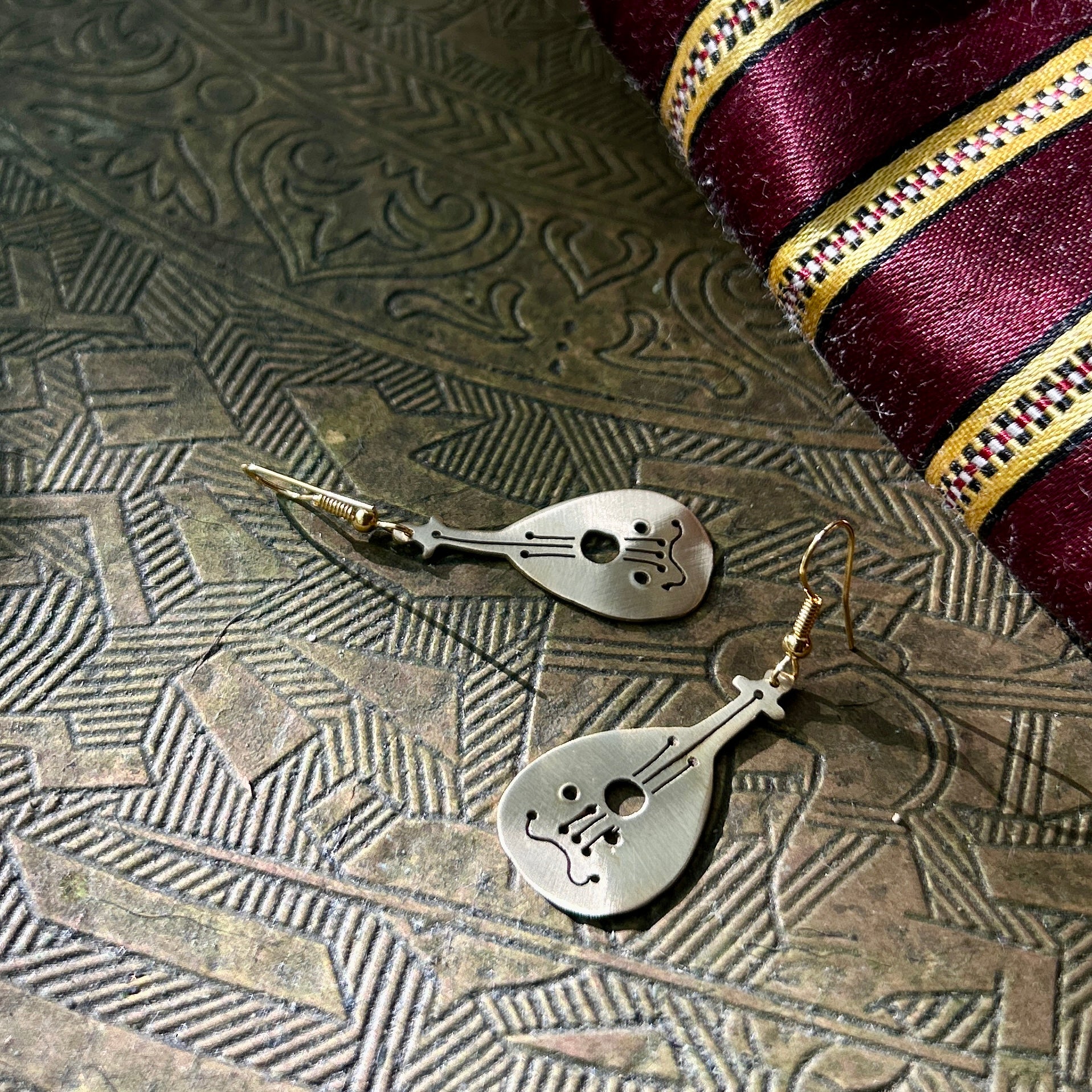 Oud Instrument Shaped Earrings in Brass | Handmade Jewelry from Palestine