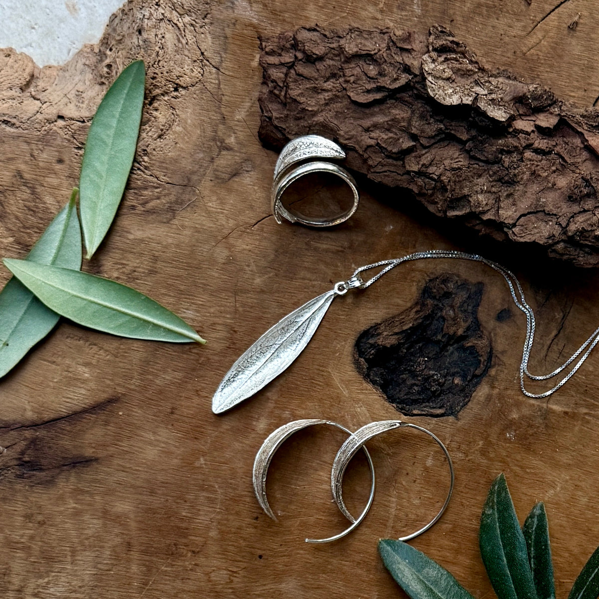 Olive Leaf Necklace & Dangling Earring Gift Set with Leaf Ring : Sterling Silver