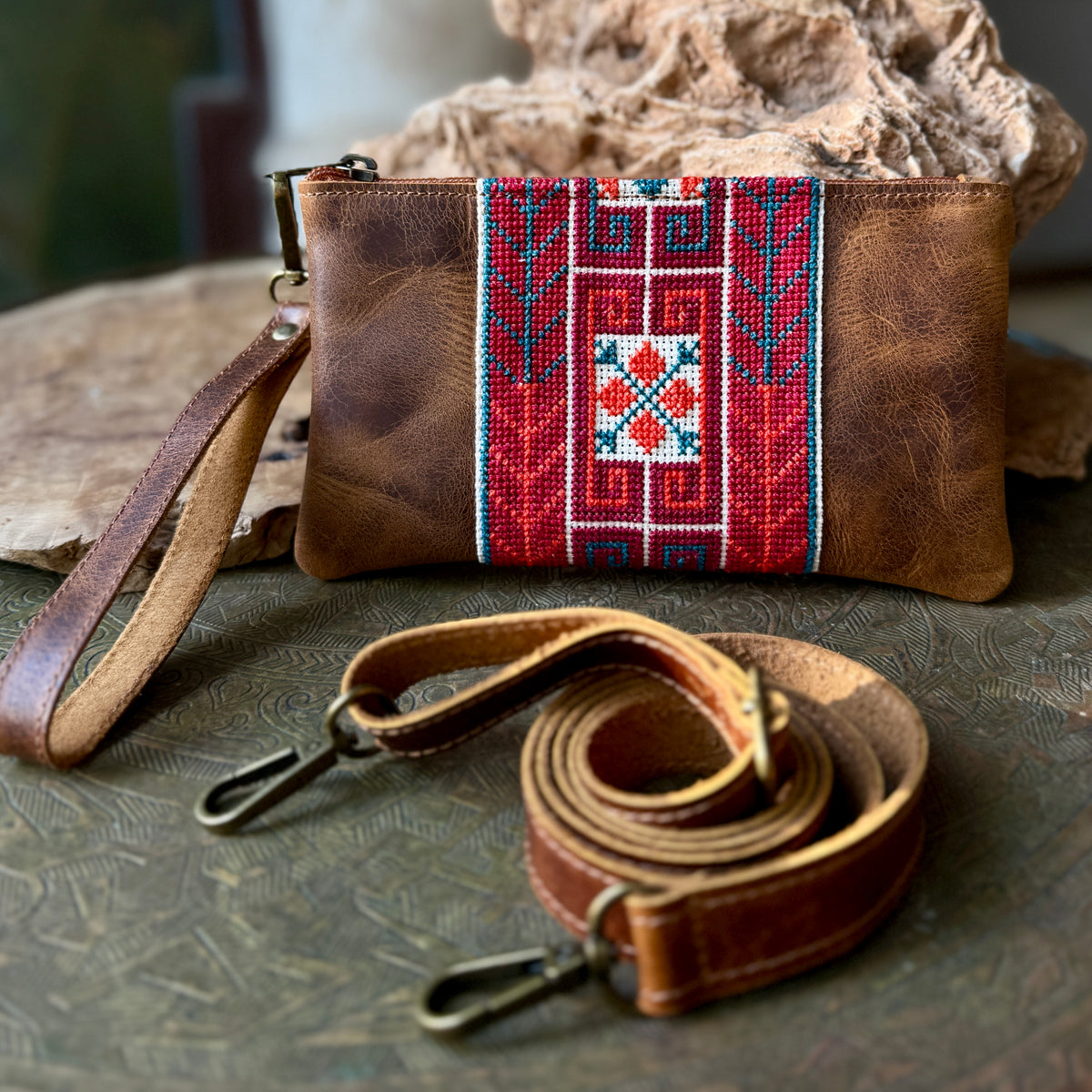 Leather with Hand Crafted Palestinian Tatreez | 3 in 1 Travel Fanny Pack - Clutch