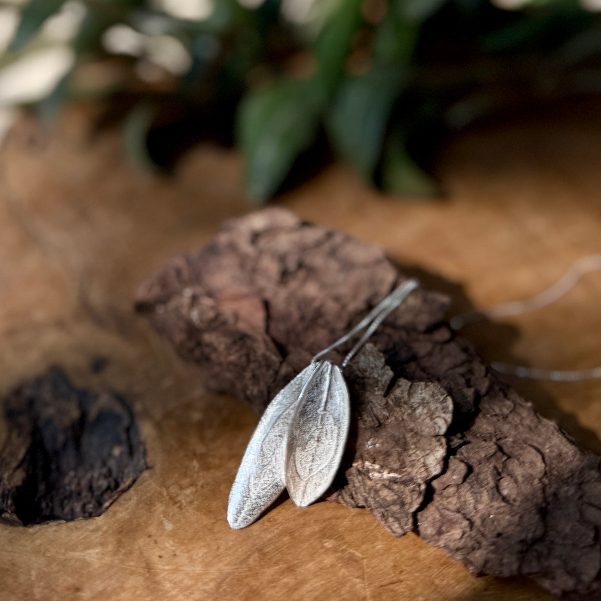 Handmade Sterling Silver Necklace from Palestine - Double Olive Leaves on Chain