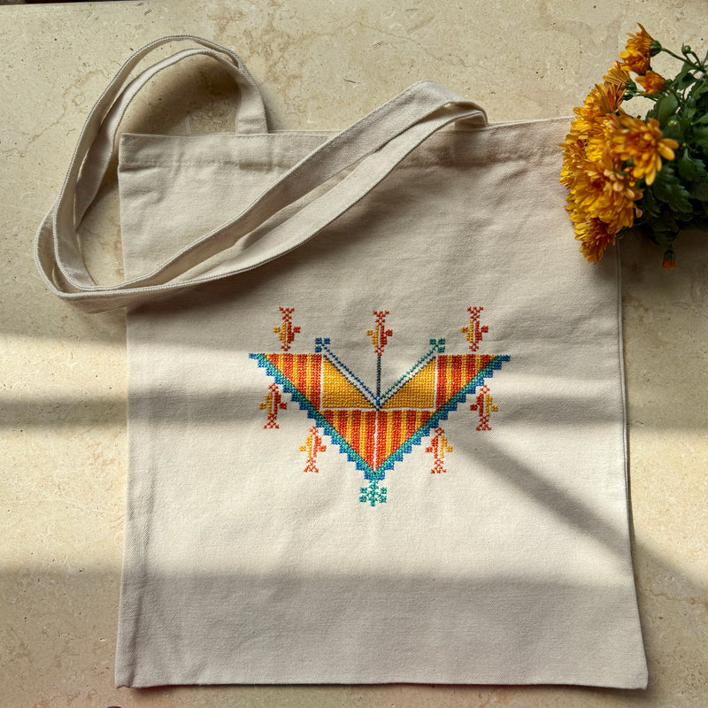 Palestinian Tatreez orange and teal on Beige Tote Hand Stitched by Women Artisans in Palestine