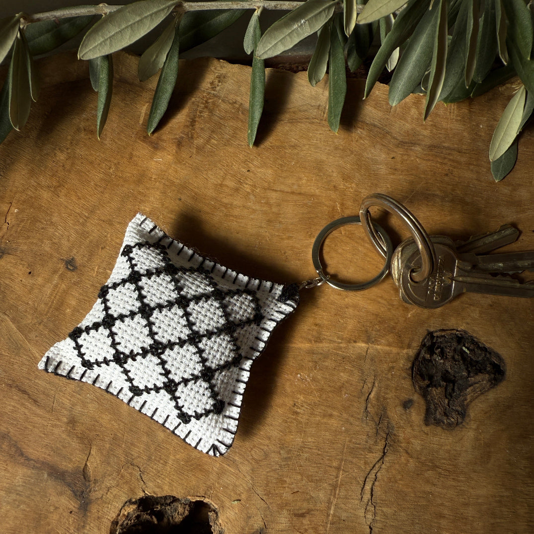 Tatreez Pillow Keychains from Palestine | Keffiyeh Motif Hand Embroidery Accessory