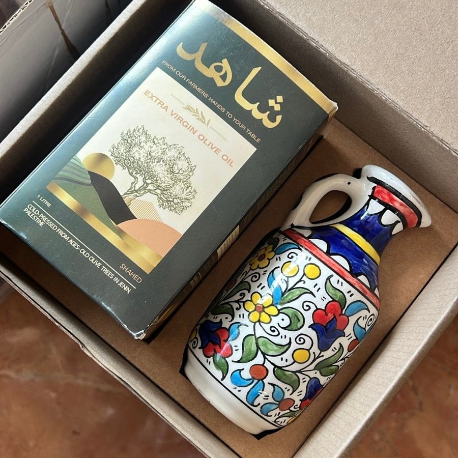 Limited Edition Gift Set: Handmade Ceramic Olive Oil Bottle with Palestinian Cold Pressed, All Natural Olive Oil