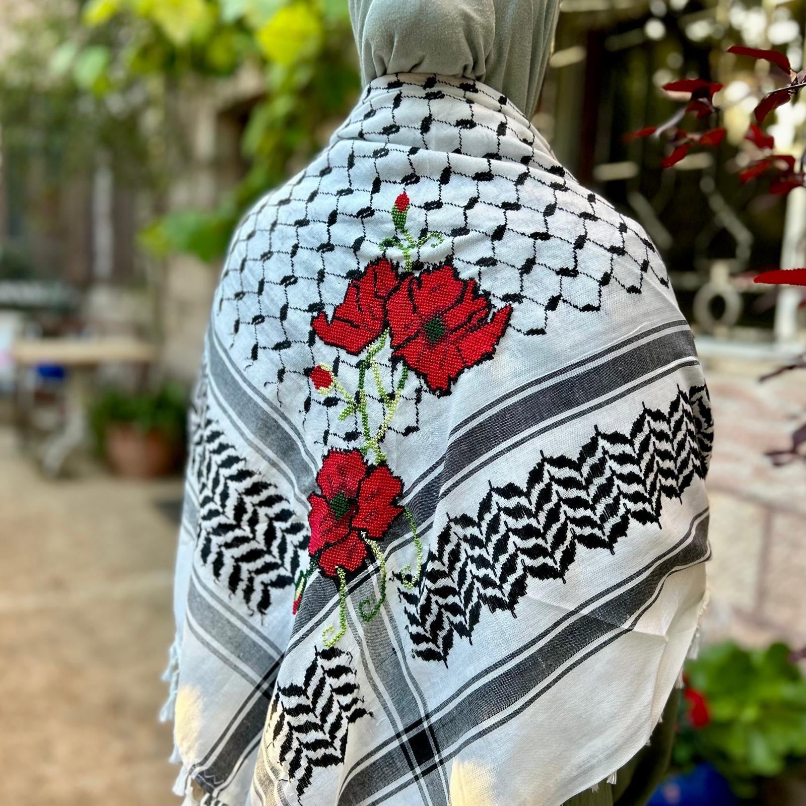 Arafat Keffiyeh with Palestinian Tatreez from Palestine