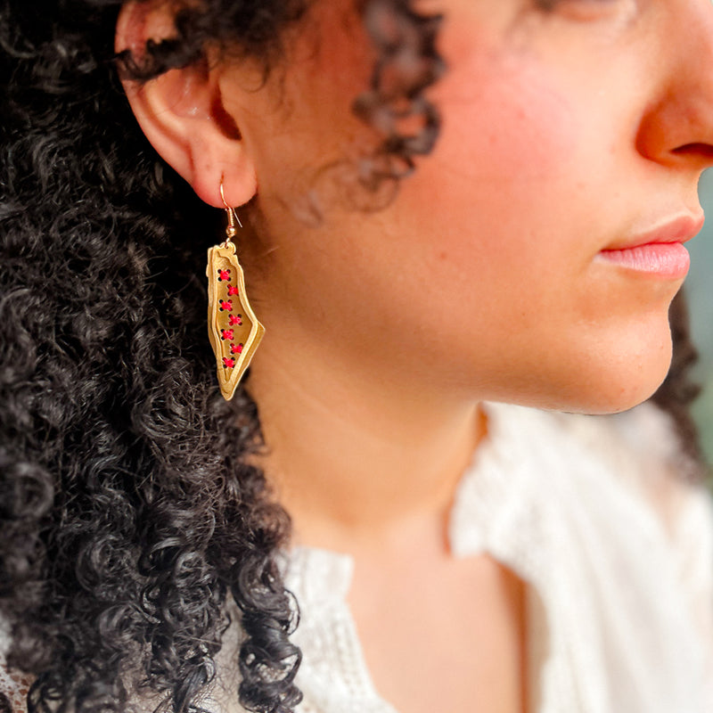 Tatreez Stitched in Palestine Map Brass Earring | Handmade Jewelry from Palestine