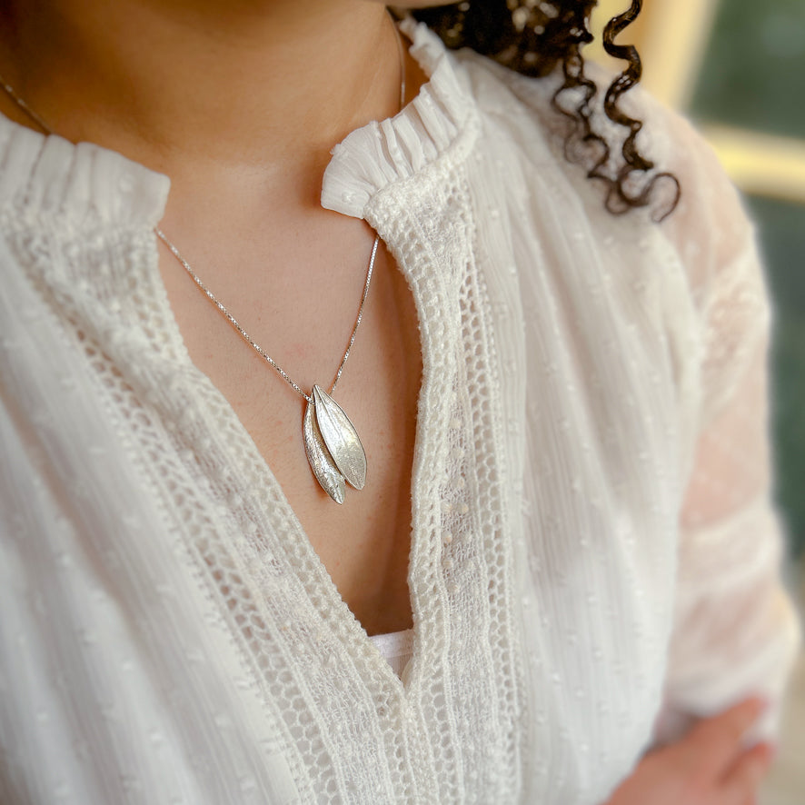 Sterling Silver Olive Leaf Necklace on Chain with Fused Leaves