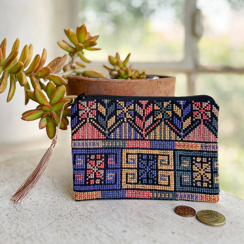 Handmade Palestinian Embroidered Pouch | Tatreez Bag in Desert Sunrise