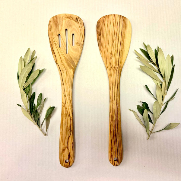 Olive Wood Kitchen Utensils from Bethlehem | Set of 2 Large Spoons with Slots
