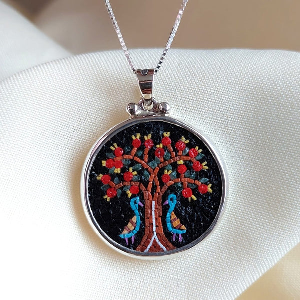 Large Pomegranate Tree Micro Mosaic Necklace | Hand Crafted Silver Jewelry from Bethlehem