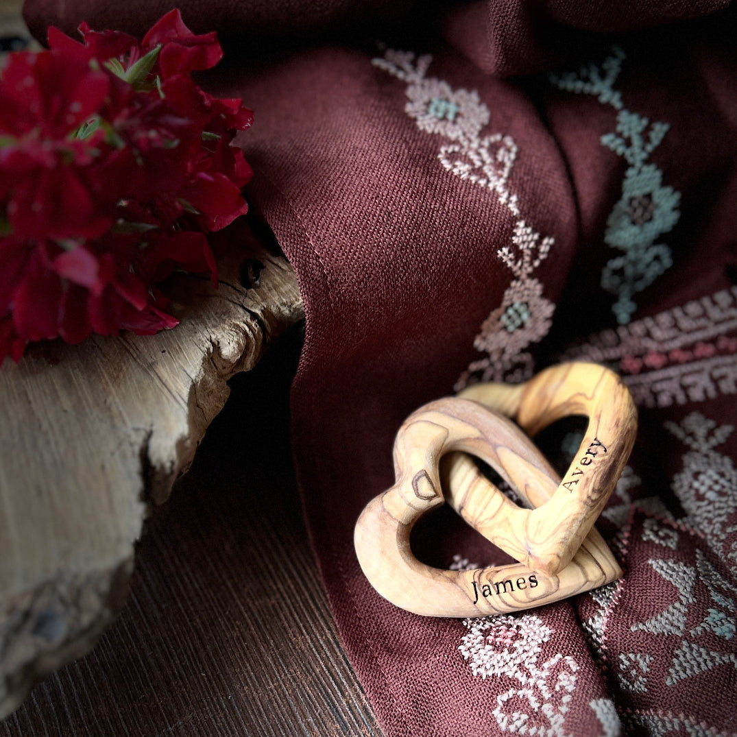 Personalized Linked Hearts in Olive Wood | Unique Wedding Favors from Palestine