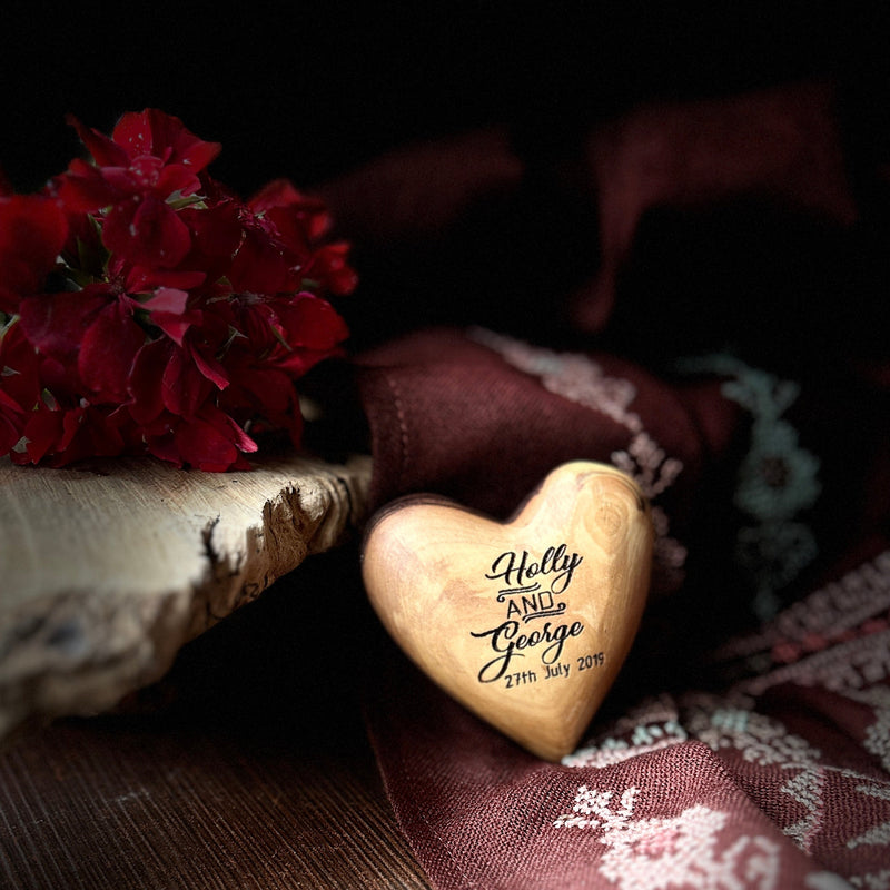 Personalized Olive Wood Heart with Names and Date | Unique Wedding Favors from Palestine