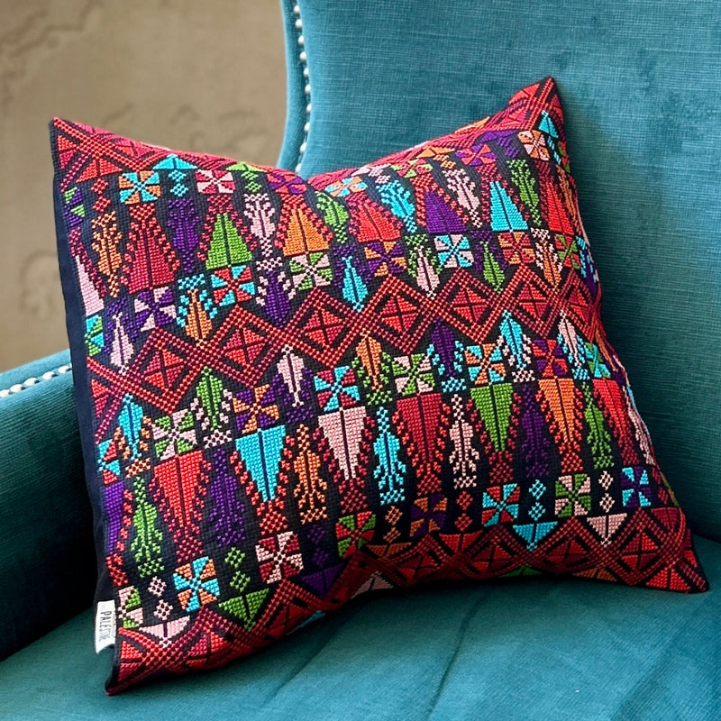 Vibrant Colored Tatreez on Black Cushion Cover from Palestine | Palestinian Embroidery