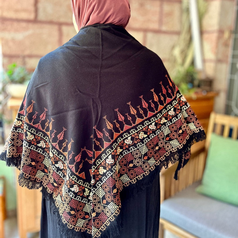 Traditional Palestinian Tatreez on Triangle Shawl |Tatreez Hand Embroidered in Palestine | Brown on Black