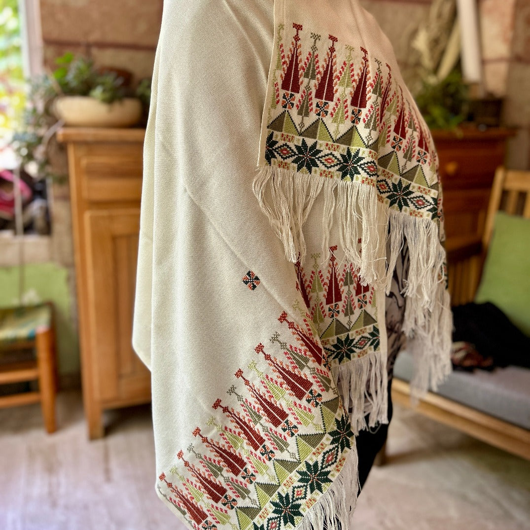 Traditional Palestinian Tatreez on Rectangle Shawl |Tatreez Hand Embroidered in Palestine | Green on Beige