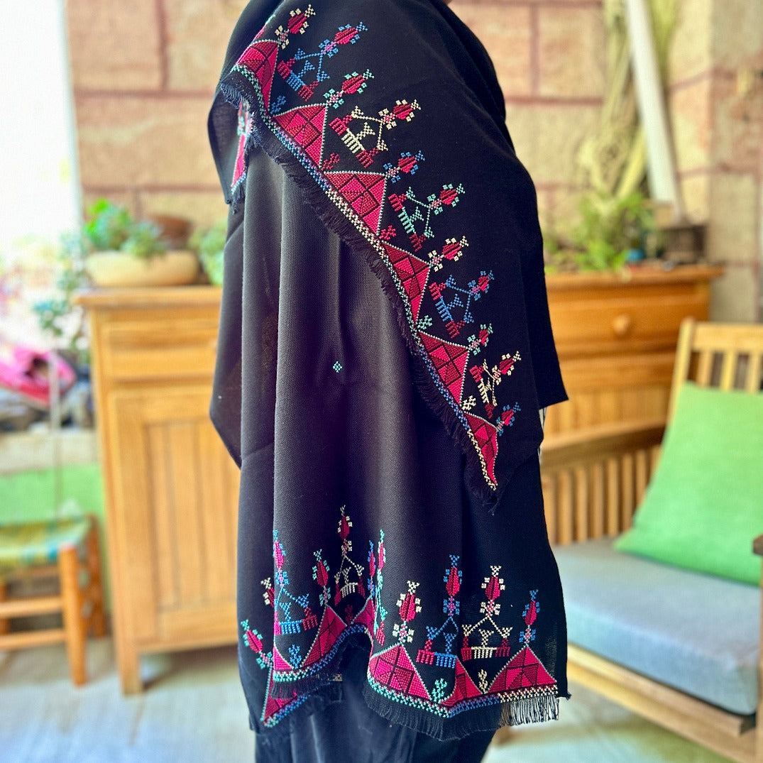 Traditional Palestinian Tatreez on Black Rectangle Shawl |Tatreez Shawl | Hand Embroidered in Palestine