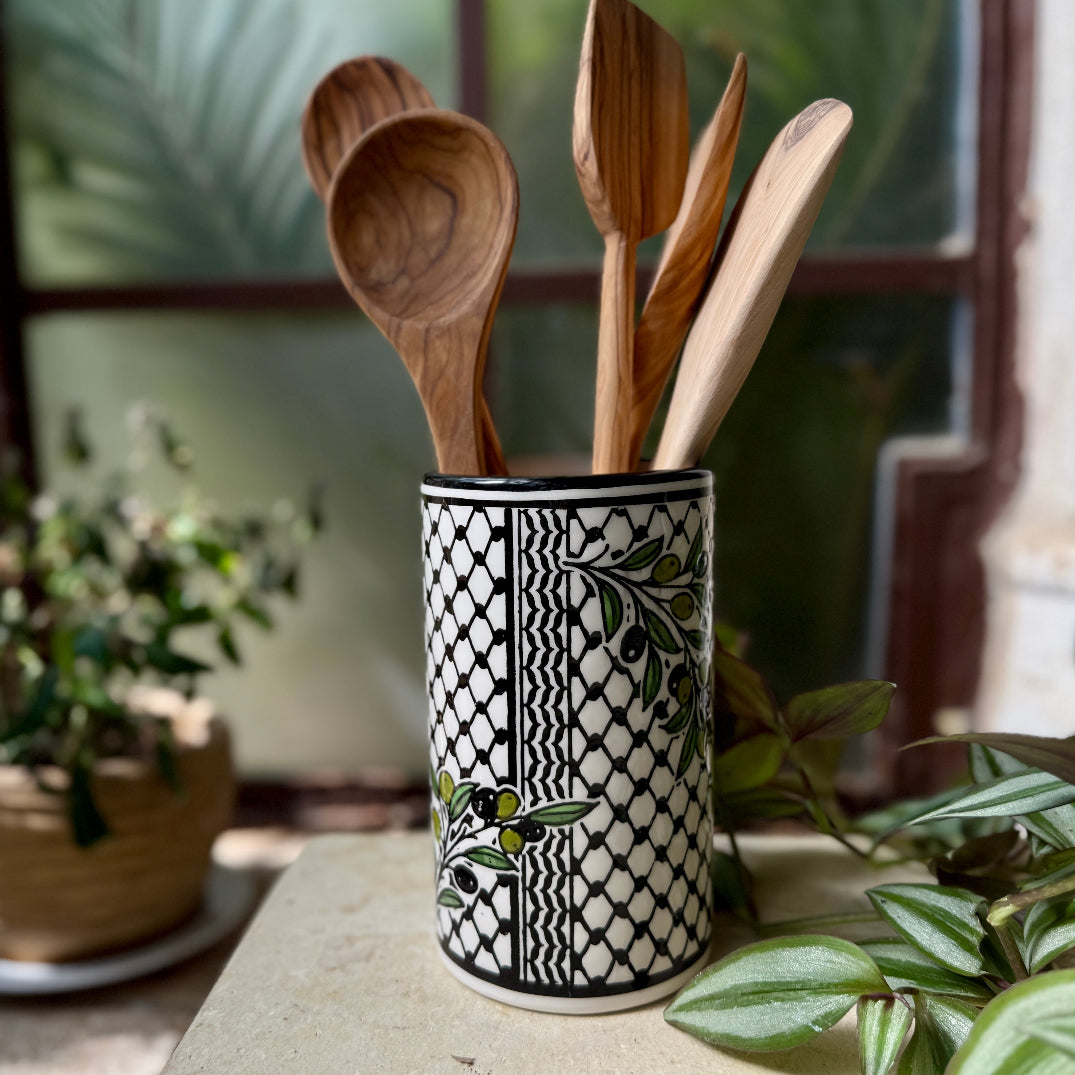 Hand Crafted Ceramic Utensil Crock Painted and Made in Hebron