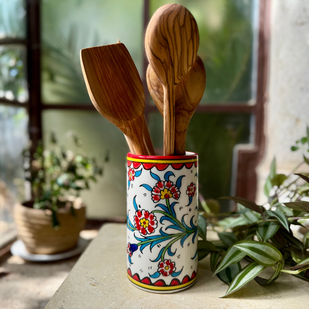 Hand Crafted Ceramic Utensil Crock Painted and Made in Hebron