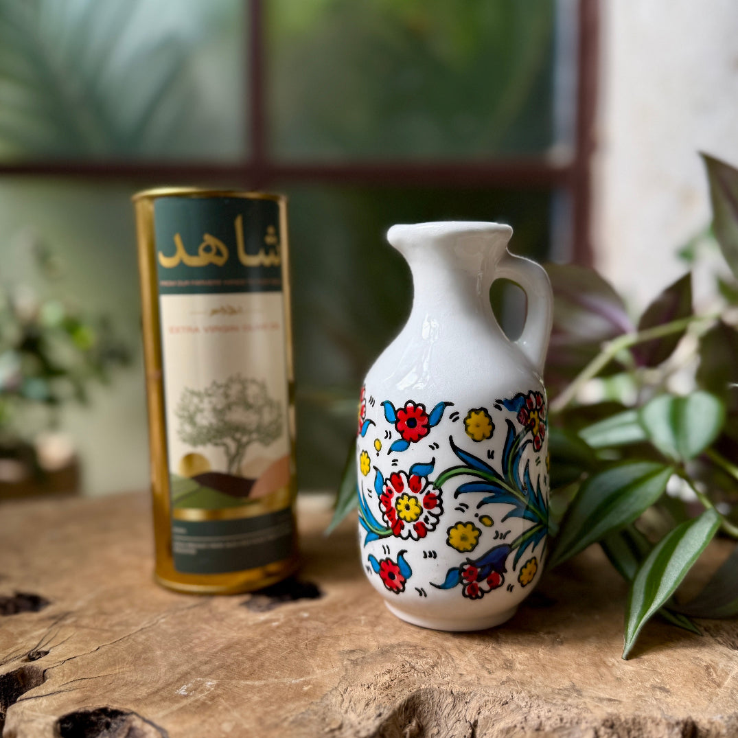 Limited Edition Gift Set: Handmade Ceramic Olive Oil Bottle with Palestinian Cold Pressed, All Natural Olive Oil