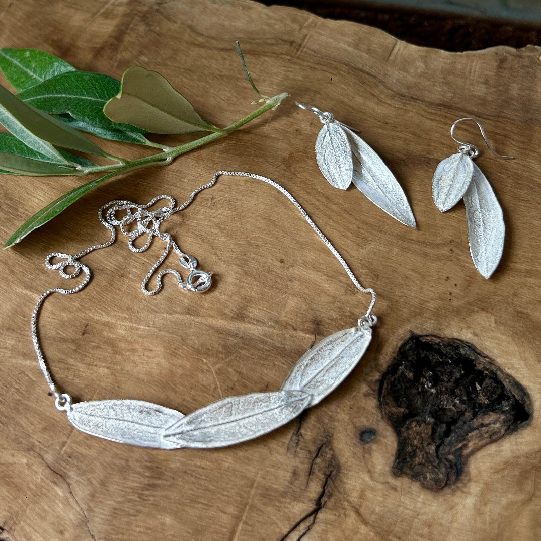Sterling Silver Necklace of 3 Olive Leaf-Arch & Double Leaf Earrings Gift Set