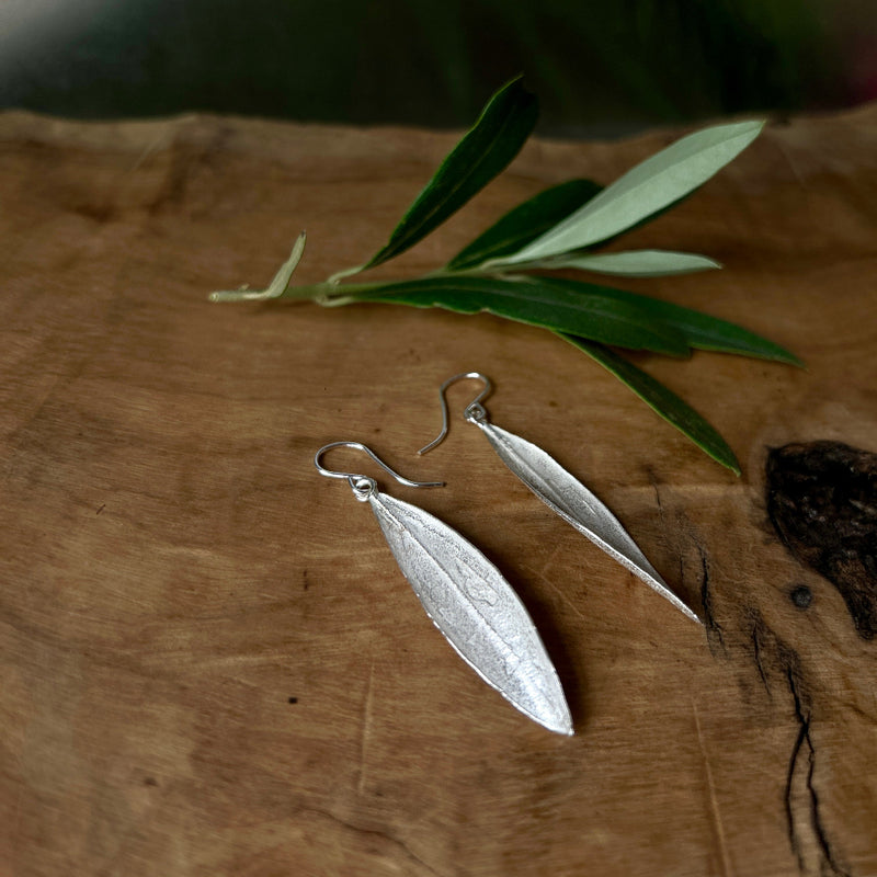Hand Crafted Sterling Silver Earrings | Twisted Olive Leaf from Palestine