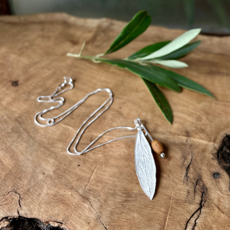 Holy Land Olive Leaf Necklace with Olive Wood Bead | Handcrafted in Bethlehem