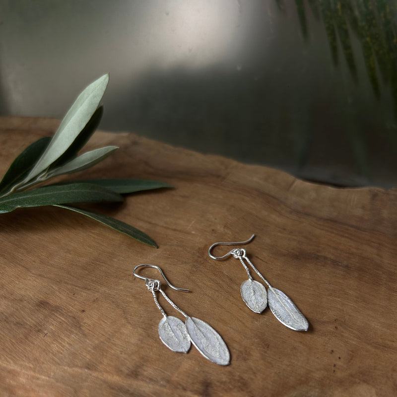 Sterling Silver Earrings | 2 Small Olive Leaves Dangling on a Chain