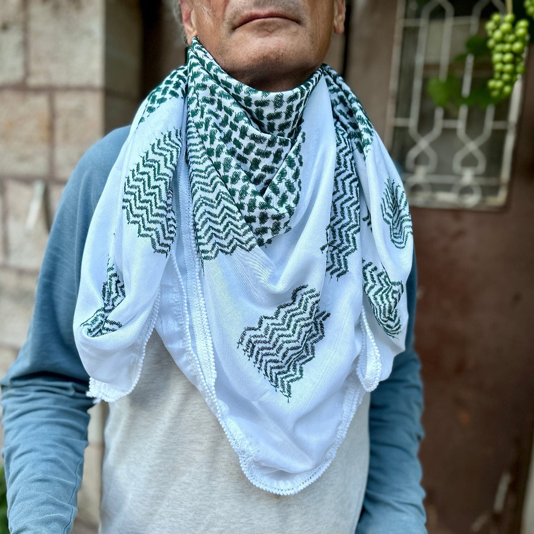 Traditional Arafat Keffiyeh from Palestinian Factory Green on White