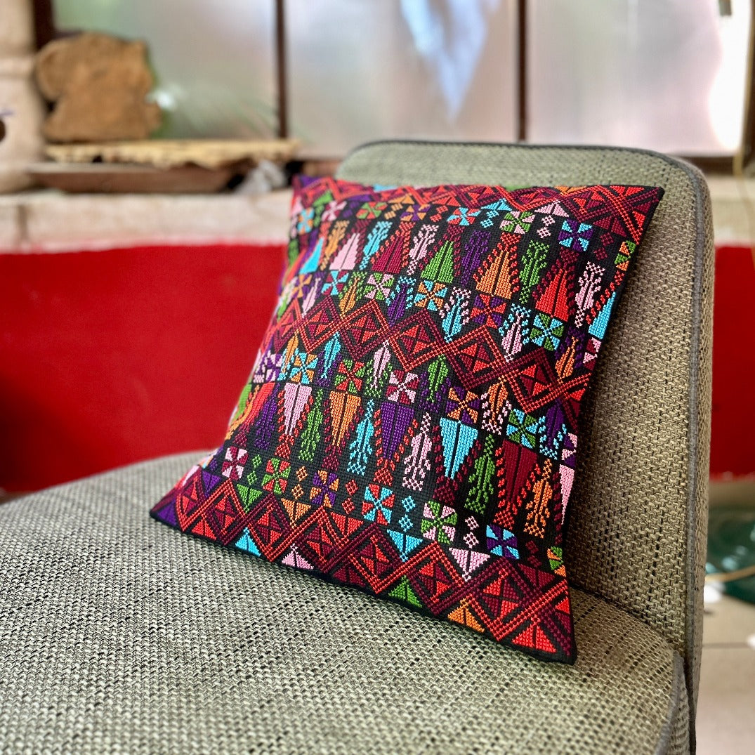 Vibrant Colored Tatreez on Black Cushion Cover from Palestine | Palestinian Embroidery