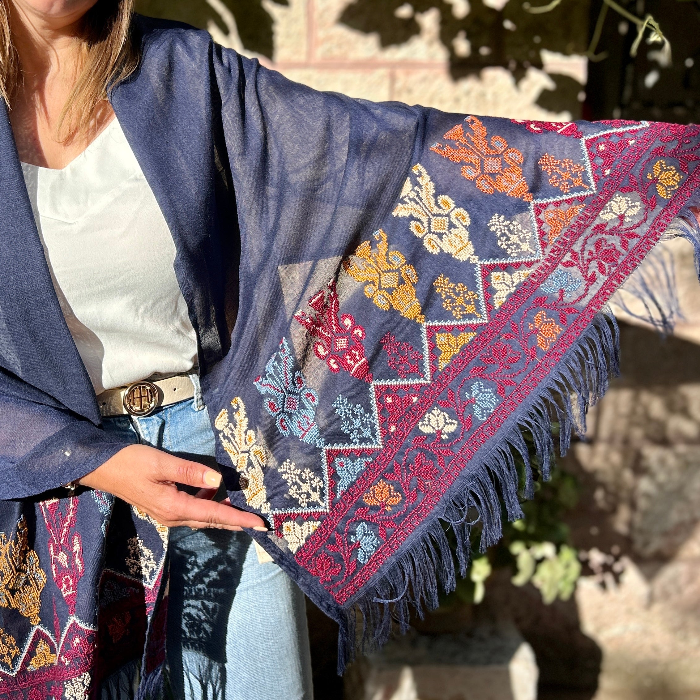 Hand Embroidered Shawl | Traditional Palestinian Tatreez on Navy Blue Rectangle