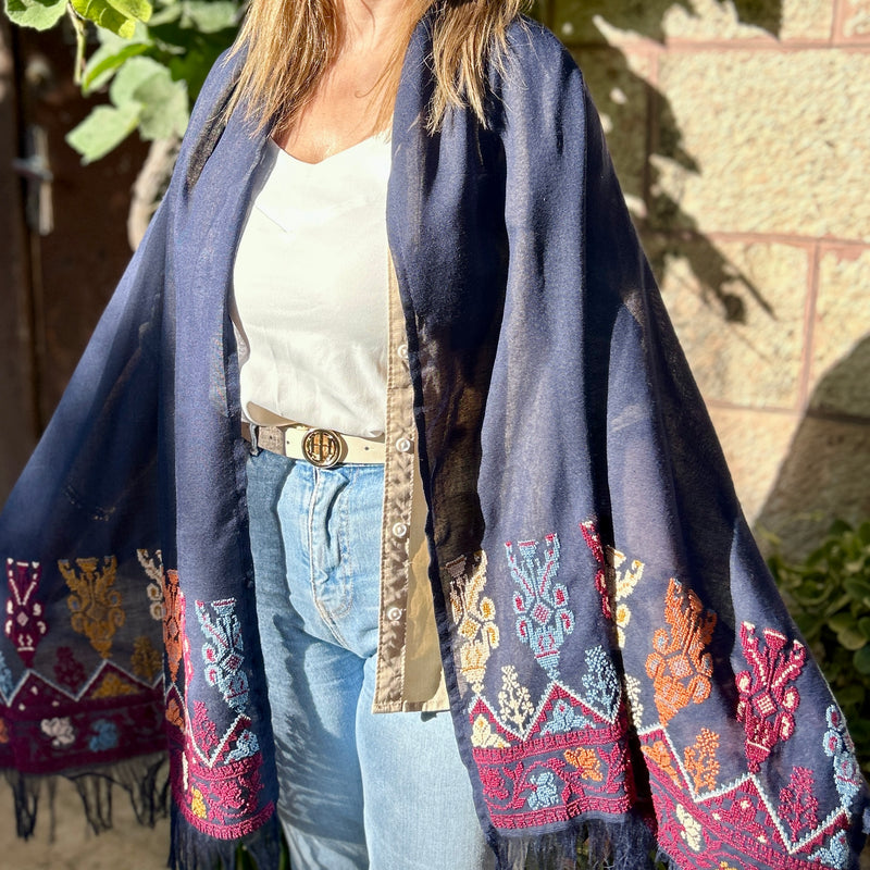 Hand Embroidered Shawl | Traditional Palestinian Tatreez on Navy Blue Rectangle