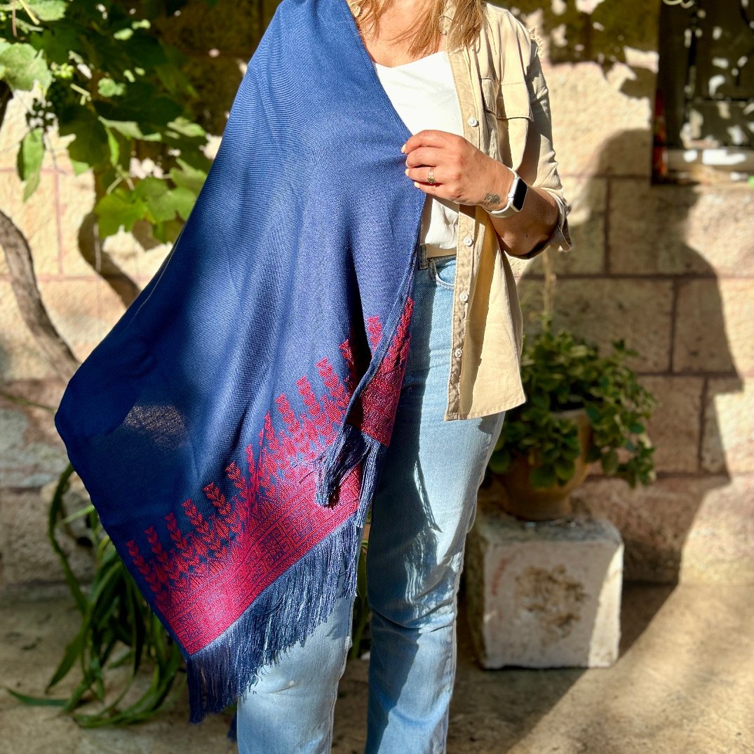 Shawl Hand Embroidered in Palestine | Traditional Palestinian Tatreez in Red on Navy Blue Rectangle