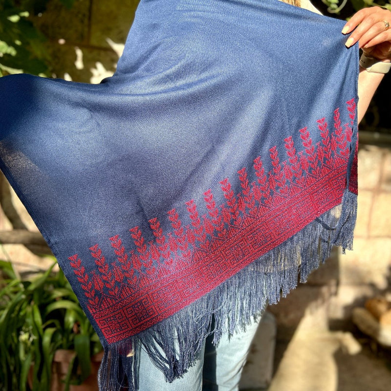 Shawl Hand Embroidered in Palestine | Traditional Palestinian Tatreez in Red on Navy Blue Rectangle