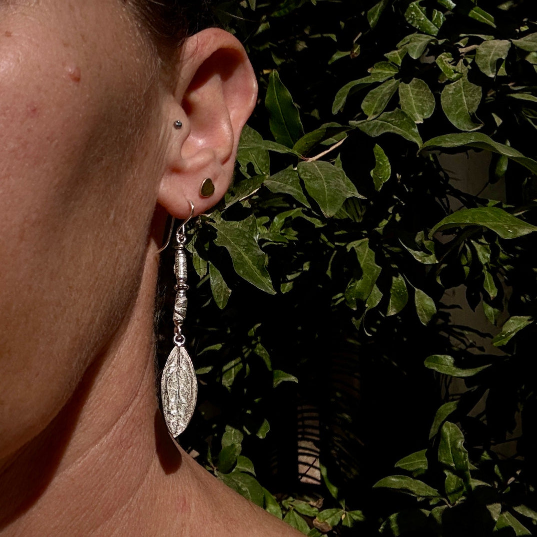 Dangling Sterling Silver Olive Leaves Earrings | Wrapped Leaves One of A Kind