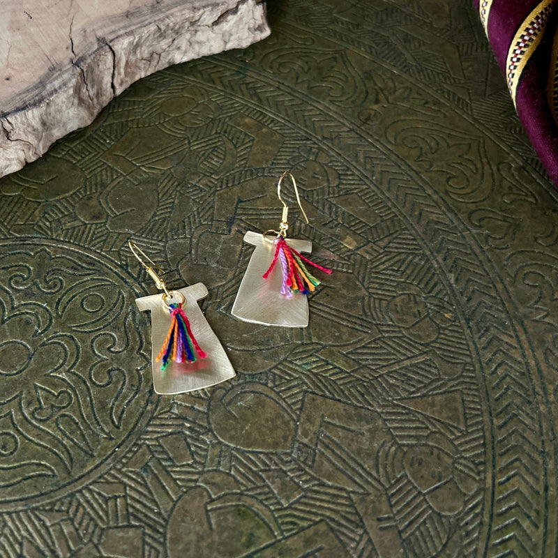 Thobe Shape Brass Earrings with Thread | Handmade Jewelry from Palestine