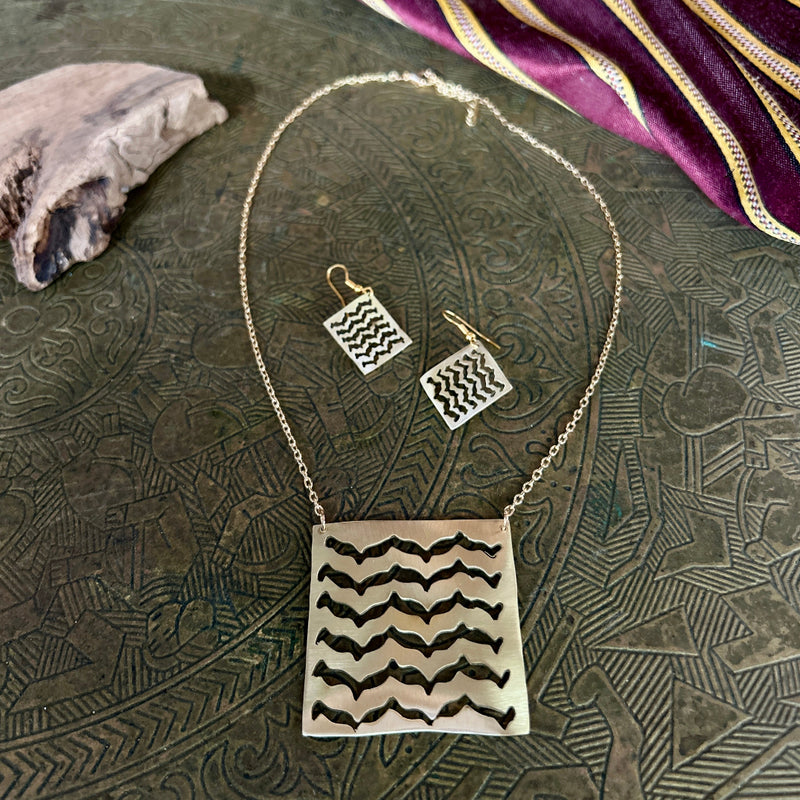 Traditional Keffiyeh Brass Necklace and Earrings Bundle Set | Handmade Jewelry from Palestine