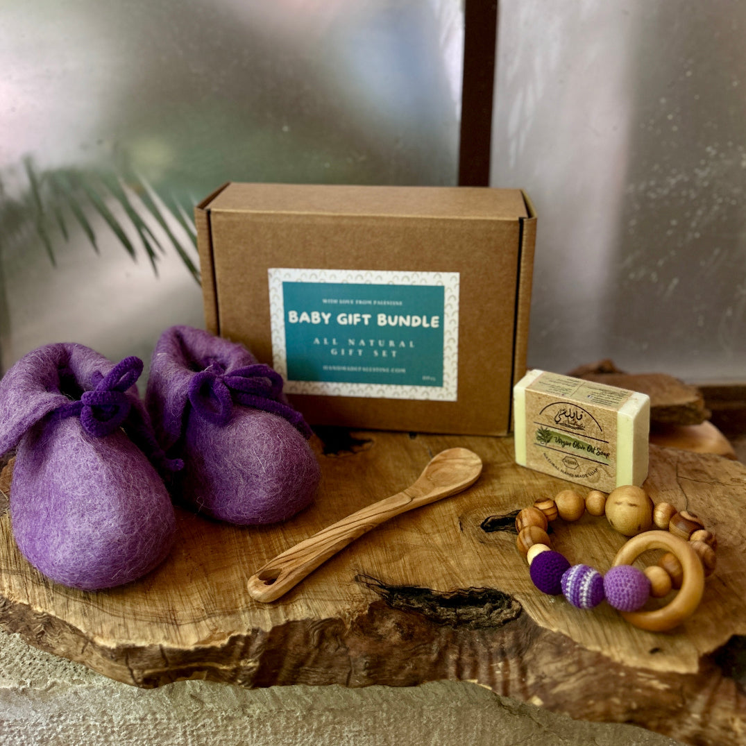 All Natural Baby Shower Gift Bundle | Hand Crafted Teething Ring & Baby Booties