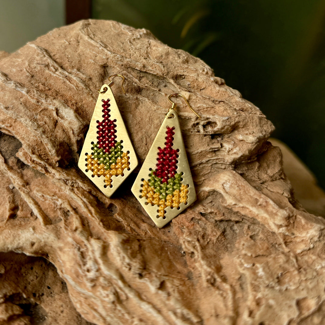 Jamilla Palestinian Tatreez on Brass Earrings | From Palestinian Women Artisans