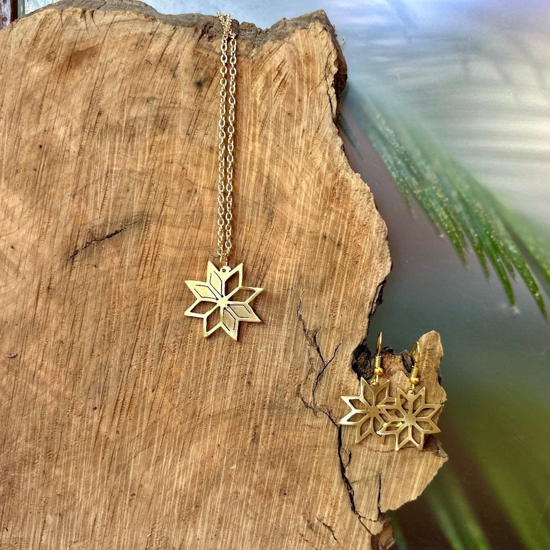 Palestinian Tatreez Motif Earring and Necklace Gift Set | Star of Bethlehem in Brass | Hand Crafted Jewelry from Palestine