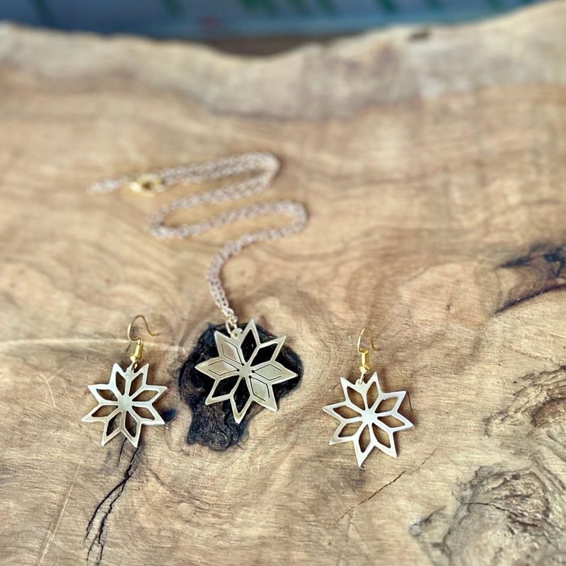 Palestinian Tatreez Motif Earring and Necklace Gift Set | Star of Bethlehem in Brass | Hand Crafted Jewelry from Palestine