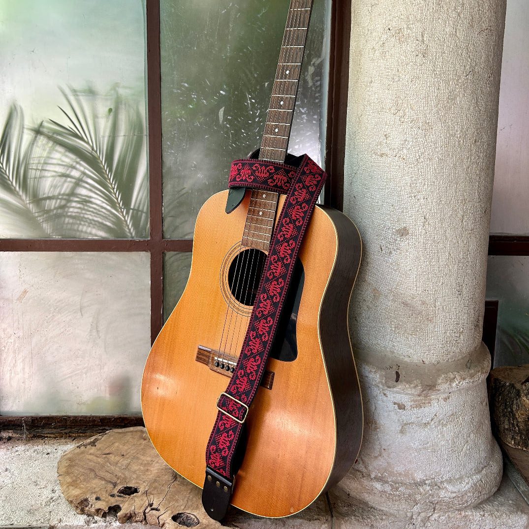 Palestinian Tatreez on Leather Guitar Strap | Traditionally Handcrafted Embroidery from Palestinian Women