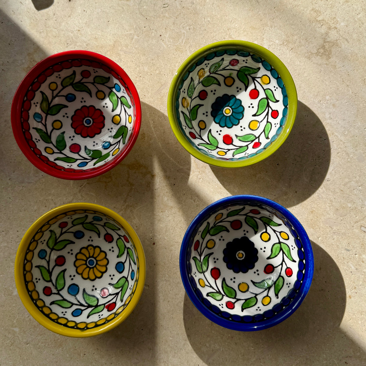 Handmade Ceramic Mezze Bowls Set of 4 Colorful Small Dishes in Traditional Design from Palestine