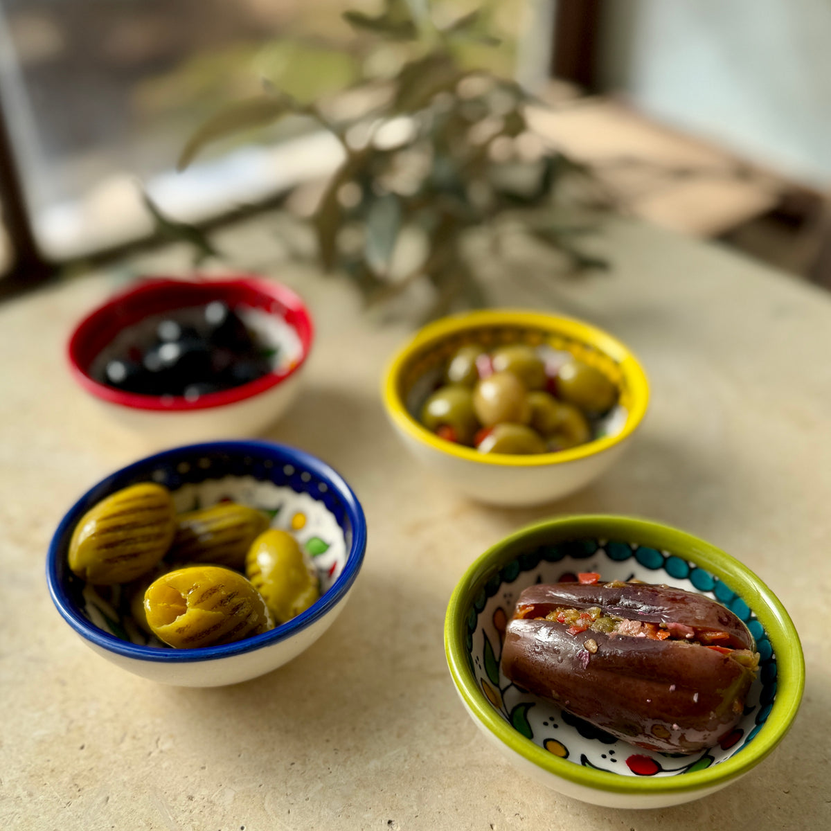 Handmade Ceramic Mezze Bowls Set of 4 Colorful Small Dishes in Traditional Design from Palestine