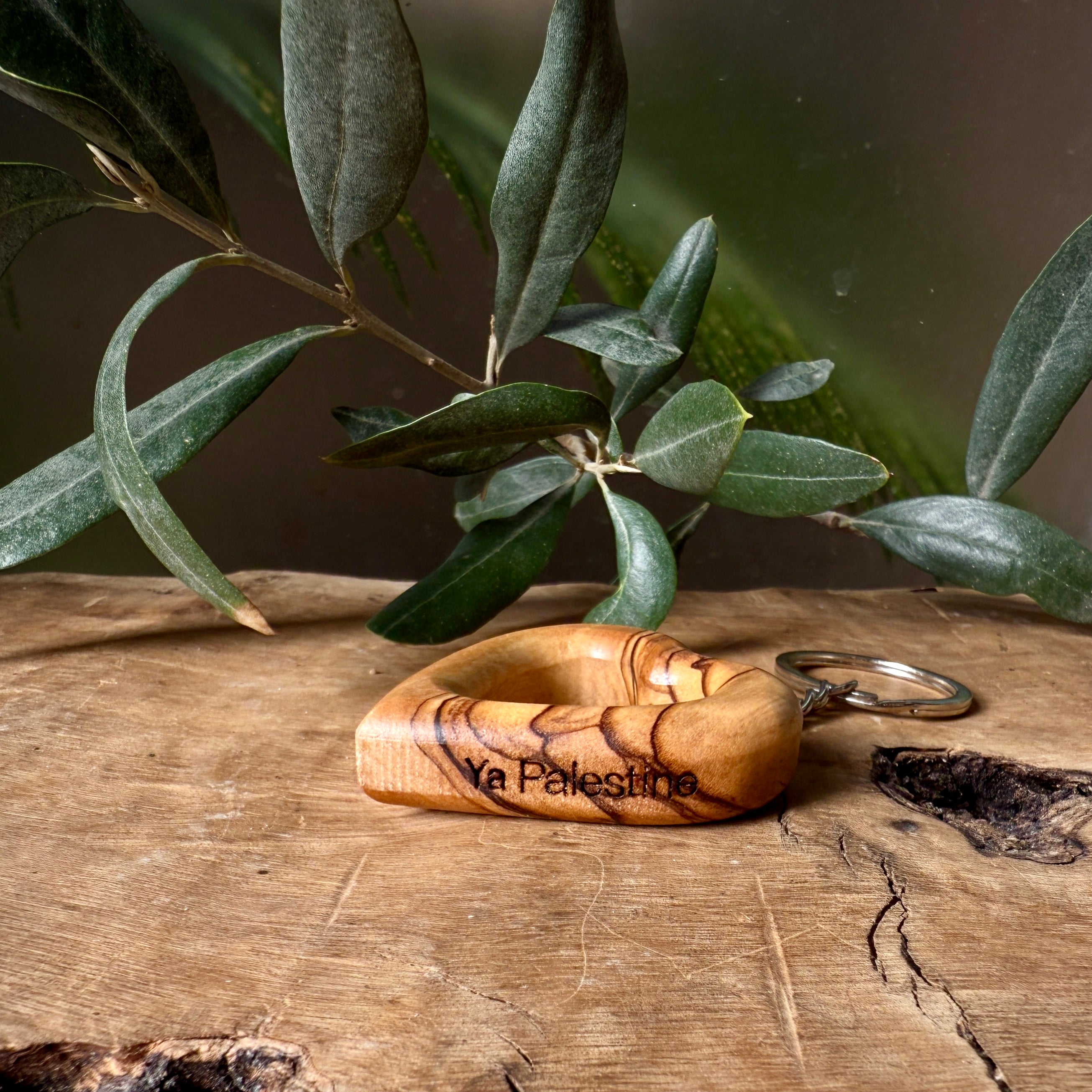 Heart Keychain in Olive Wood | "Ya Falasteen" Print | Hand Crafted from Bethlehem